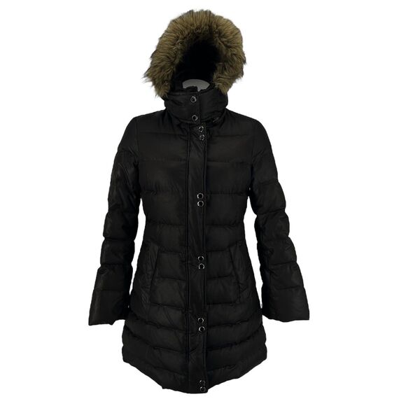 Soia & Kyo Down Parka Faux Fox Fur Trim Coat Full Zip Black Winter Snow Small - Picture 1 of 9